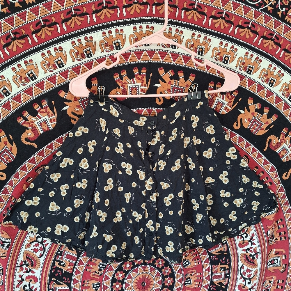 Daisy Print Button-Up Fit And Flare Skater Circle Mini Skirt